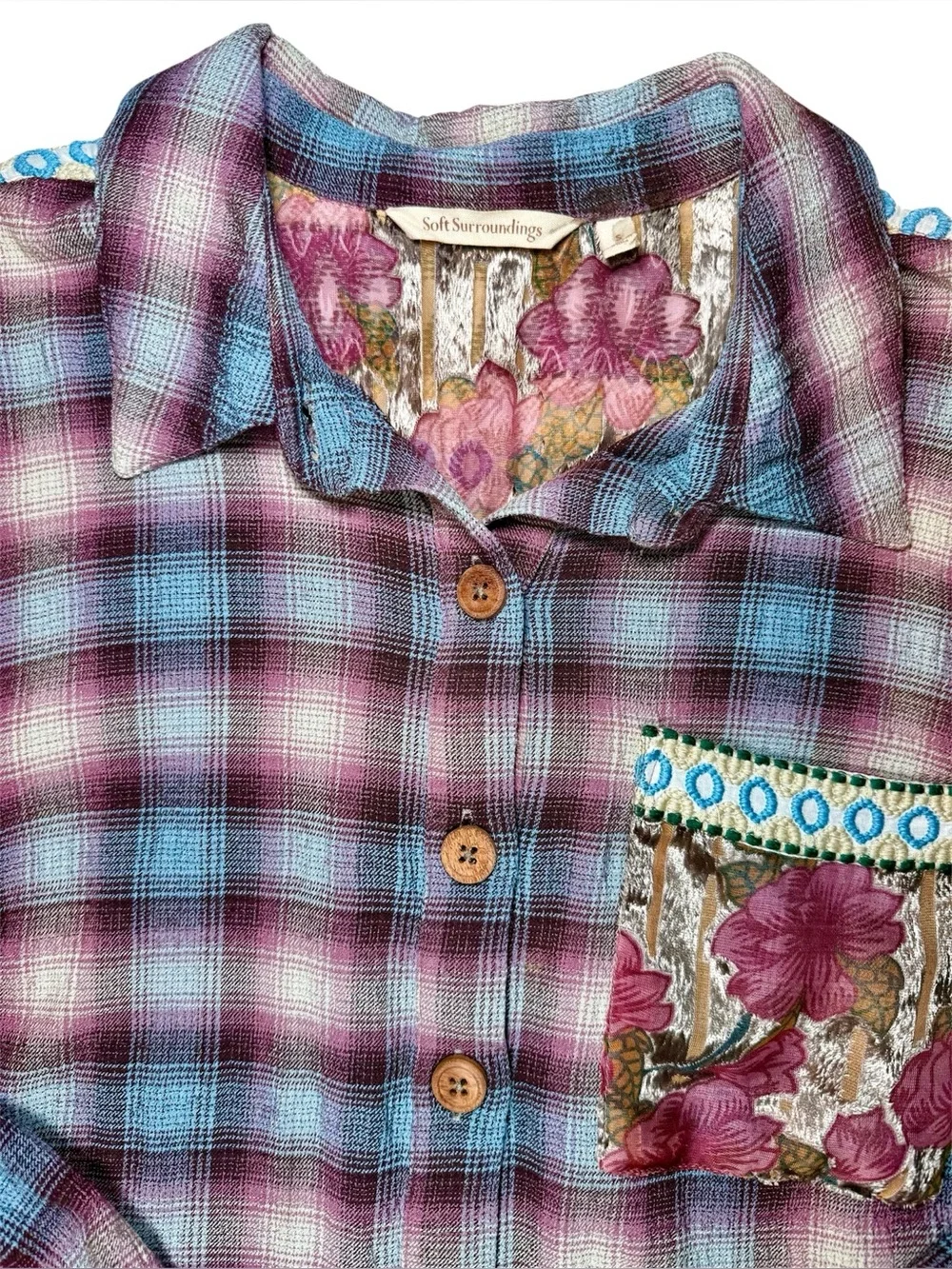 Soft Surroundings Velvet Burnout Floral Plaid Shirt Small